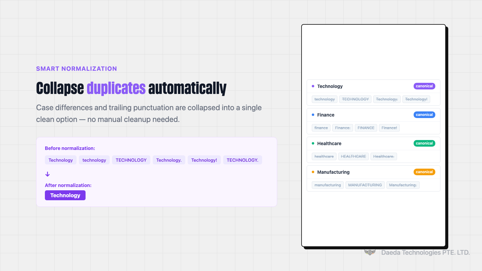 Smart Normalization collapsing case and punctuation variants of the same value into a single clean dropdown option