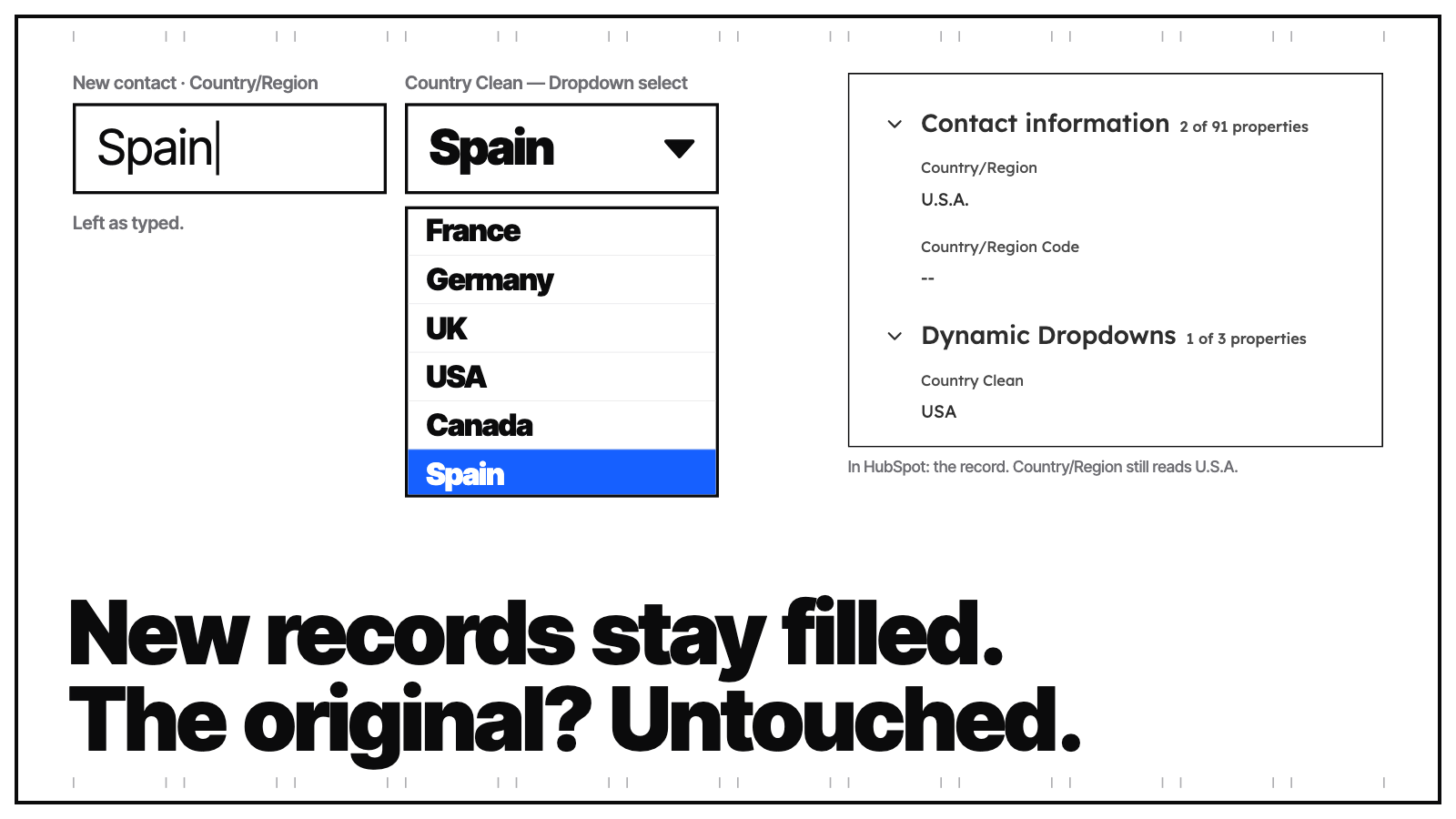 A new contact's Spain picked in Country Clean, beside the record where Country/Region still reads U.S.A. as typed.